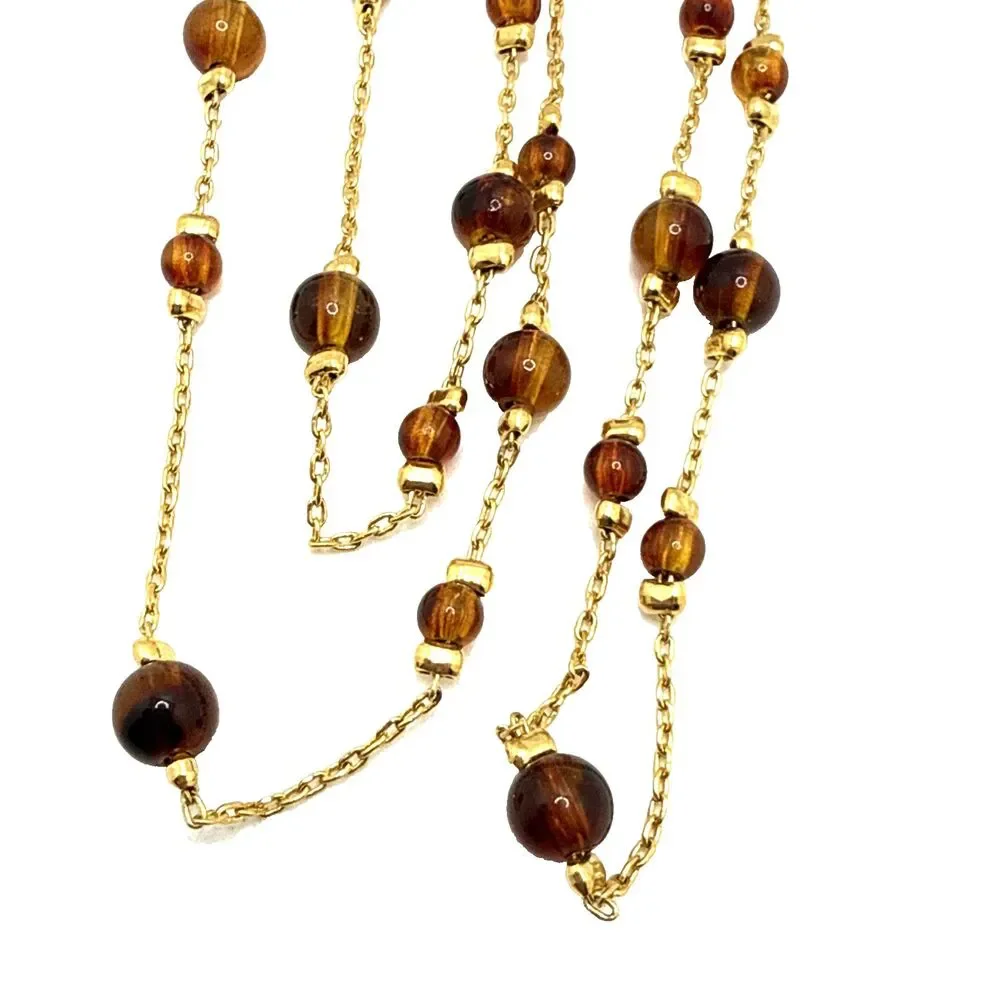 Vintage MONET Amber Brown Bead Station Necklace Gold Tone Opera Statement 30